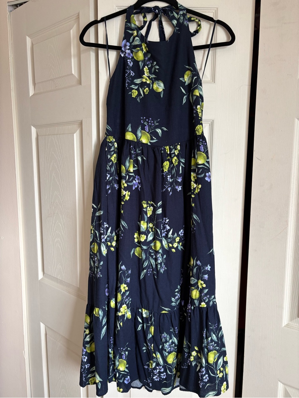 Time and Tru Navy Halter Maxi Dress with Yellow Floral Print